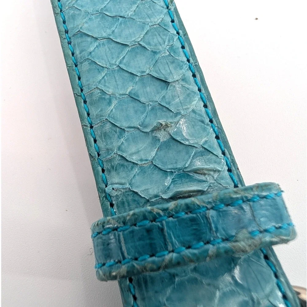 Genuine Snakeskin Belt Teal Blue Exotic Leather Brass Plated Buckle Size‎ L